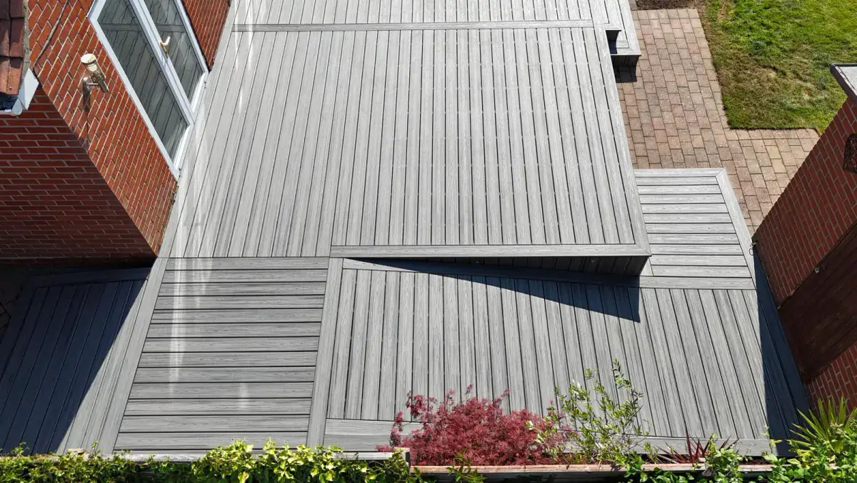 An aerial view of a stepped, multi-level deck